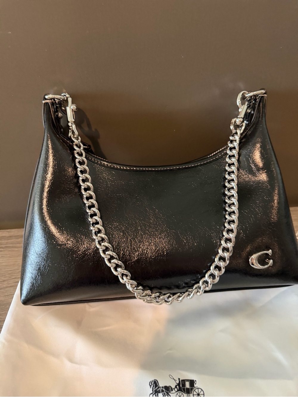 Coach Black Leather Shoulder Bag with Silver Chain - Picture 5 of 11